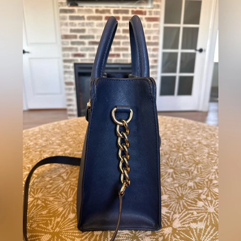Michael Kors Hamilton East West Navy Saffiano Leather Satchel with Gold Hardware
